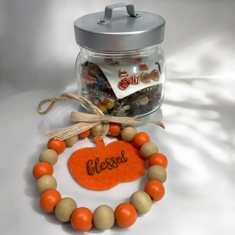 Fall-Themed Jewelry Jar W/ Earrings Necklaces Bracelets & Accessories 15 Items